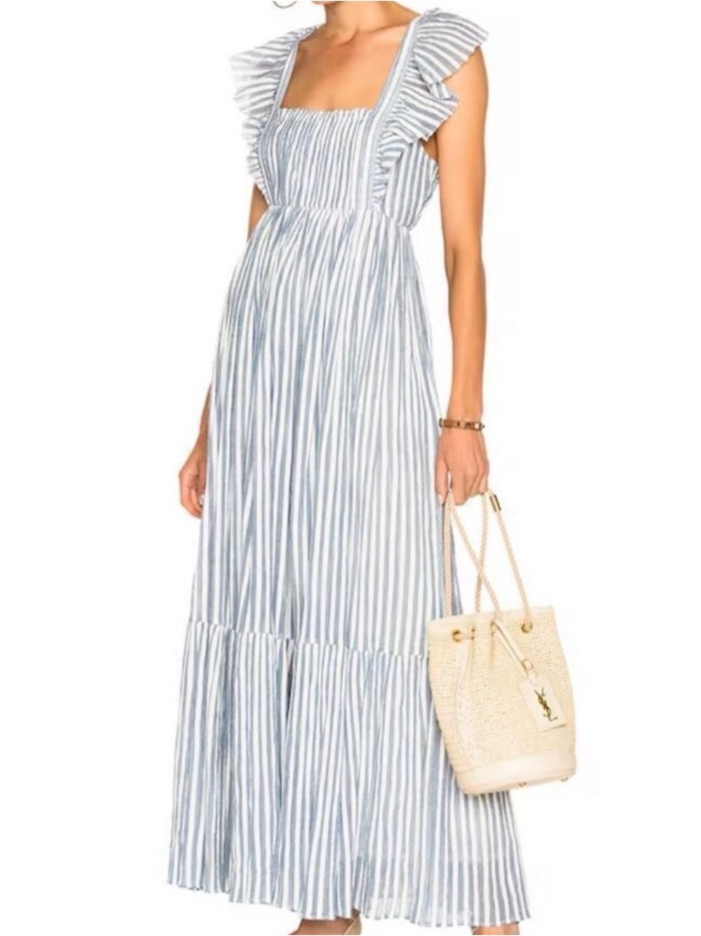 Ulla Johnson Blue and White Striped Ruffle-Shoulder Maxi Dress